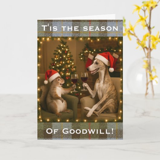 Whippet and Squirrel Christmas greetings card カード (黄色い花)