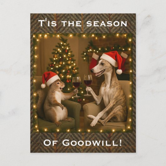Whippet and Squirrel Christmas greetings postcard ポストカード (正面)