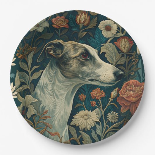Whippet Brindle and White William Morris Style ペーパープレート (正面)