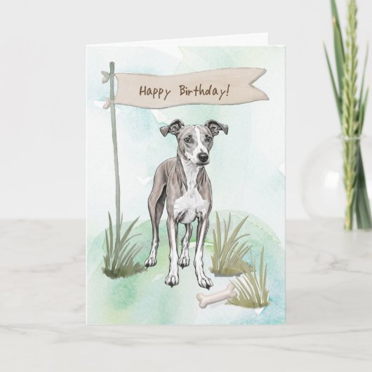 Whippet Dog Breed Outdoors Under Birthday Sign カード (正面)