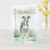 Whippet Dog Breed Outdoors Under Birthday Sign カード (黄色い花)