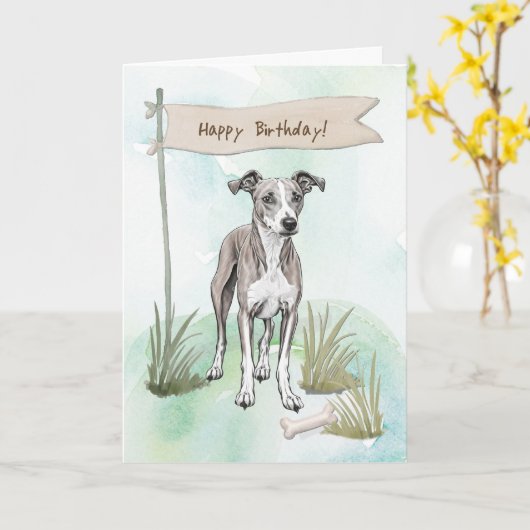 Whippet Dog Breed Outdoors Under Birthday Sign カード (黄色い花)