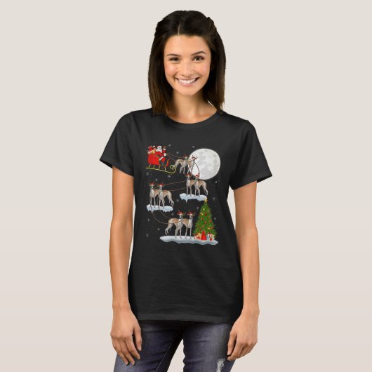 Whippet Dog Santa Sleigh Flying Funny Magical Chri Tシャツ (正面フル)