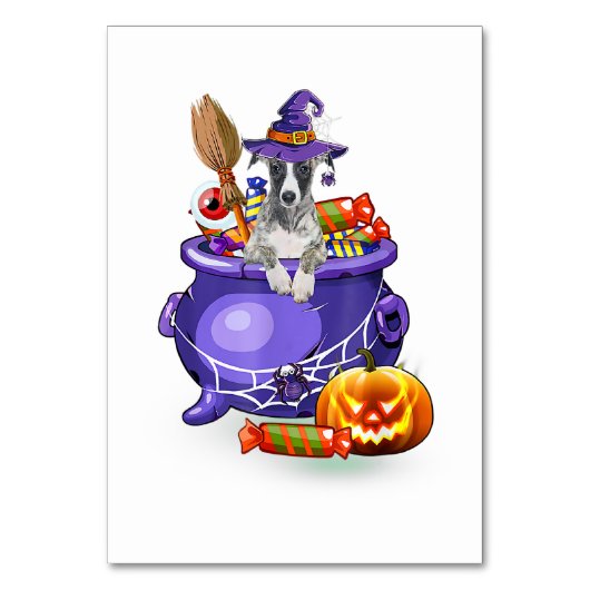 Whippet Dog with witch hat Candy Pumpkin Halloween テーブルナンバー (正面)