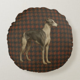 Whippet round cushion. Whippet on tweed/tartan ラウンドクッション