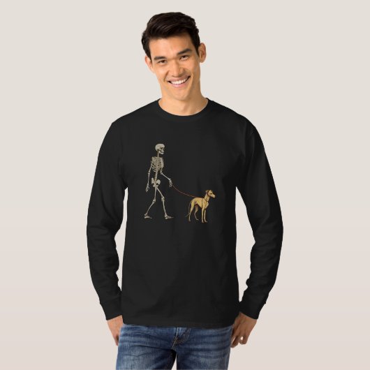 Whippet Skeleton Dog Walking Halloween Dog Tシャツ (正面フル)