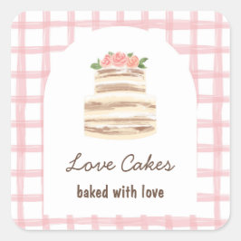 Whisk & Warmth ピンクギンガム水彩ケーキ ベーカリー スクエアシール