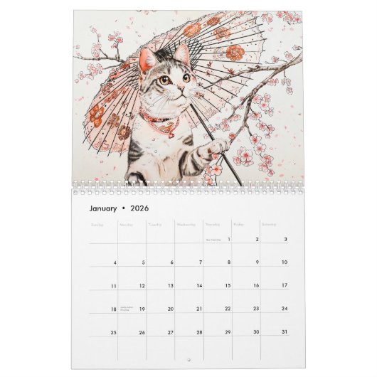 Whiskered Elegance – Geisha Cats in Bloom カレンダー (1月 2026)