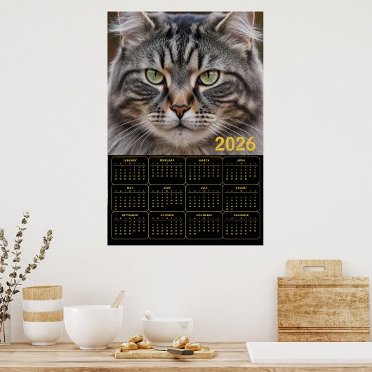 Whiskered Gaze: 2026 Tabby Calendar ポスター (キッチン)