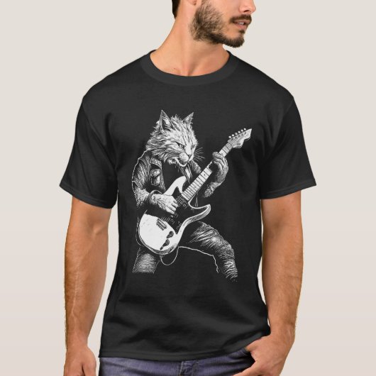 Whiskered Rockstar Cat Shredding the Strings Tシャツ (正面)