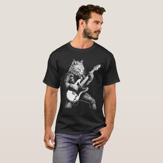 Whiskered Rockstar Cat Shredding the Strings Tシャツ (正面フル)