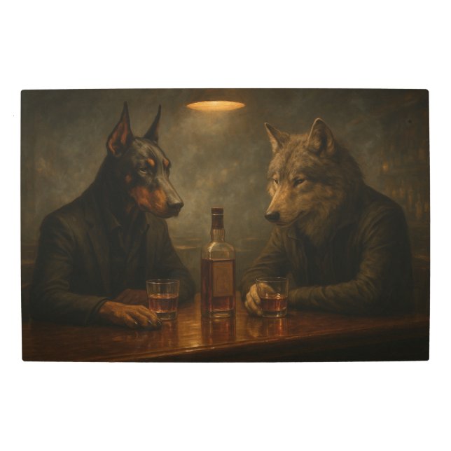 Whiskey Nights – Doberman & Wolf メタルプリント (正面)