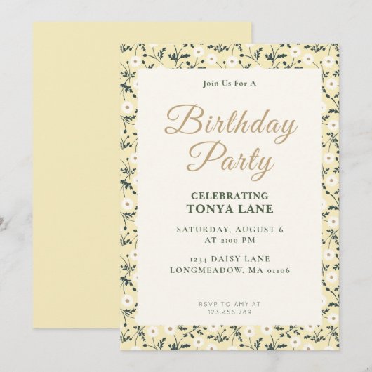 Whispering Meadow - Butter Yellow Floral Border 招待状 (正面/裏面)