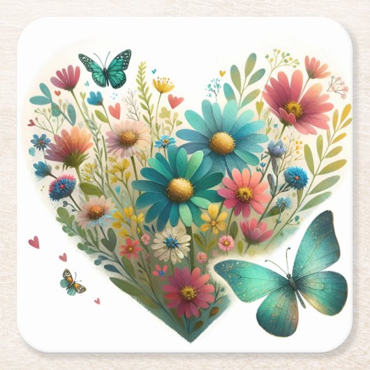 Whispering Wildflower Butterflies Botanical スクエアペーパーコースター (正面)