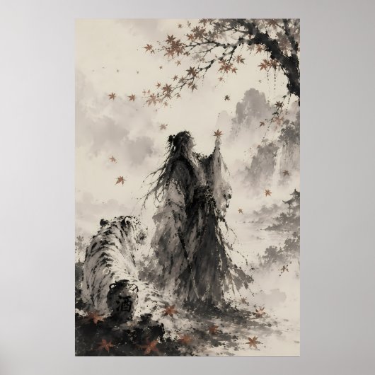 Whispers of Autumn | 白い虎と流浪の旅人墨絵  ポスター (正面)