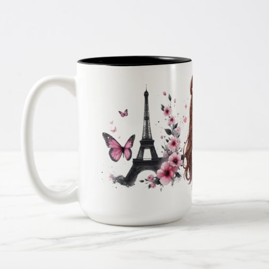 Whispers of Paris Petals Over the Eiffel A Butterf ツートーンマグカップ (左)