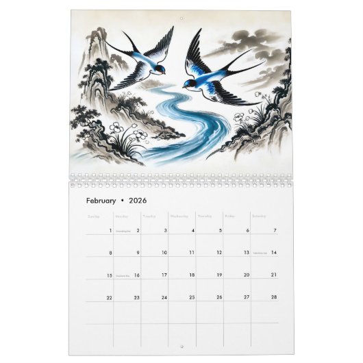 Whispers of Spring – Swallows in Chinese Ink カレンダー (2月 2026)