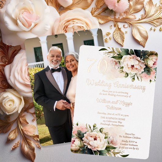 White | ピンクの芍薬 70周年結婚記念パーティー 箔招待状