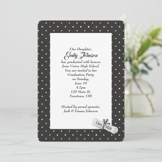 White 2026 Diploma on Polka Dot Pattern 招待状 (スタンド正面)