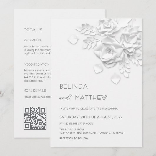 White 3D Flowers All-In-One Casual Wedding  招待状 (正面/裏面)