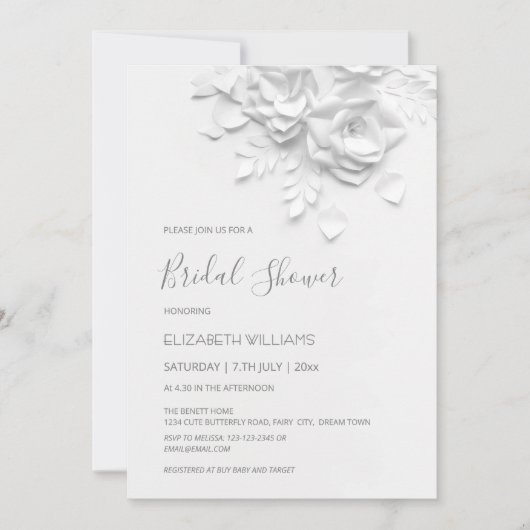 White 3D Flowers Roses Minimalist Bridal Shower  招待状 (正面)
