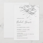 White 3D Flowers Roses Minimalist Bridal Shower  招待状 (正面/裏面)