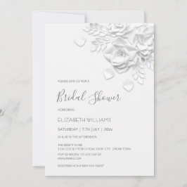 White 3D Flowers Roses Minimalist Bridal Shower  招待状