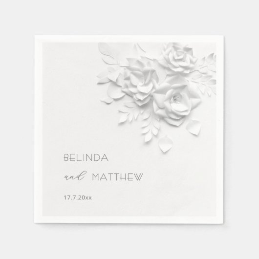 White 3D Flowers Roses Minimalist Wedding  スタンダードカクテルナプキン (正面)