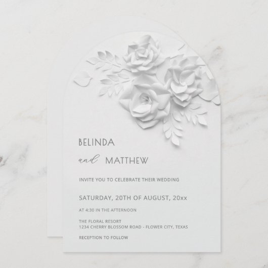 White 3D Flowers Roses Minimalist Wedding 招待状 (正面/裏面)