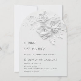 White 3D Flowers Roses Minimalist Wedding 招待状