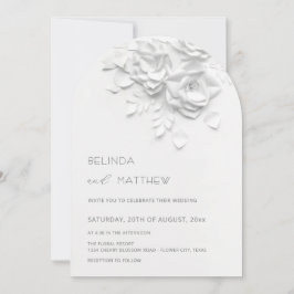 White 3D Flowers Roses Minimalist Wedding 招待状
