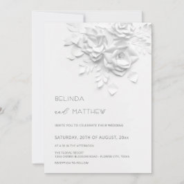 White 3D Flowers Roses Minimalist Wedding Invitati 招待状