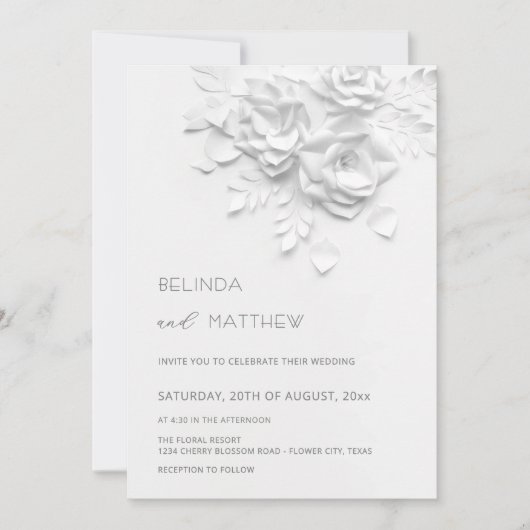 White 3D Flowers Roses Minimalist Wedding Invitati 招待状 (正面)