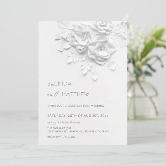White 3D Flowers Roses Minimalist Wedding Invitati 招待状 (スタンド正面)