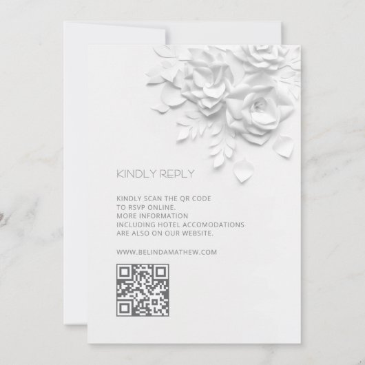 White 3D Flowers Roses Simple Wedding 招待状 (裏面)