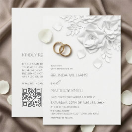 White 3D Flowers Roses Simple Wedding 招待状