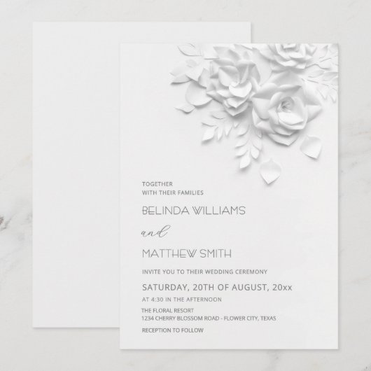 White 3D Flowers Roses Simple Wedding 招待状 (正面/裏面)