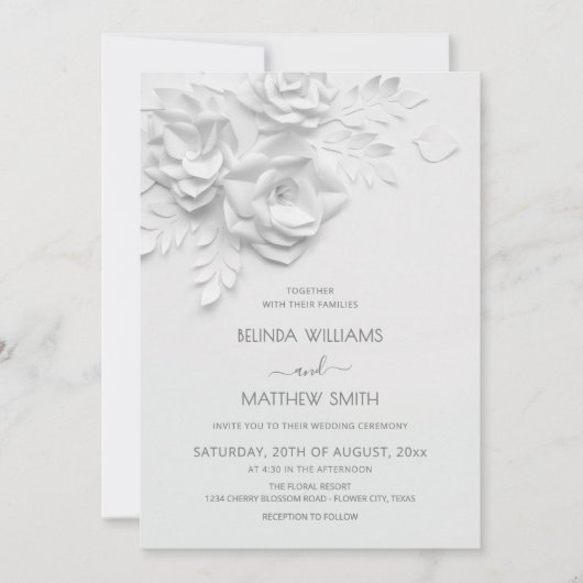White 3D Flowers Roses Simple Wedding 招待状 (正面)