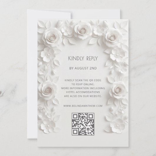 White 3D Roses Frame Wedding Simple 招待状 (裏面)