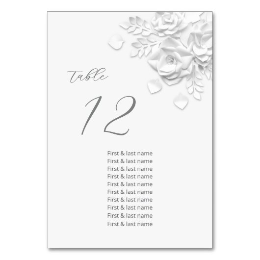 White 3D Roses Wedding Guest Names  テーブルナンバー (正面)