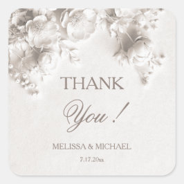 White 3D Roses Wedding Thank You スクエアシール