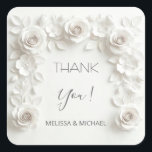 White 3D Roses Wedding Thank You スクエアシール<br><div class="desc">White 3D roses wedding thank you sticker.</div>