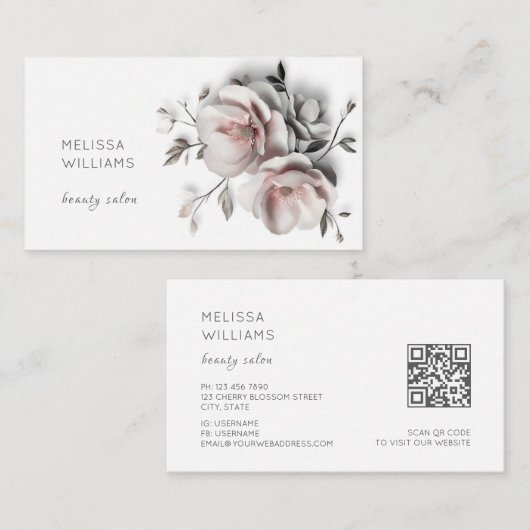 White 3D Simple Flowers 名刺 (正面/裏面)