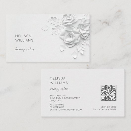 White 3D Simple Flowers 名刺 (正面/裏面)