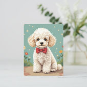 White adorable poodle with bow tie ポストカード (スタンド正面)