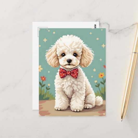 White adorable poodle with bow tie ポストカード (正面/裏面インサイチュ)