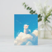 White Alpaca Sitting on Puffy Cloud Blue Sky ポストカード (スタンド正面)