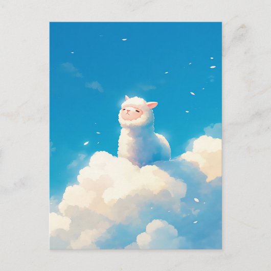 White Alpaca Sitting on Puffy Cloud Blue Sky ポストカード (正面)