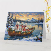 White American Eskimo Dog Christmas Boat Holiday カード (黄色い花)