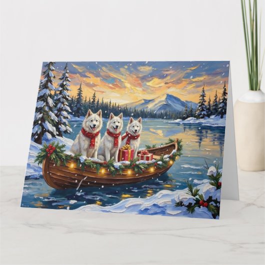 White American Eskimo Dog Christmas Boat Holiday カード (正面)